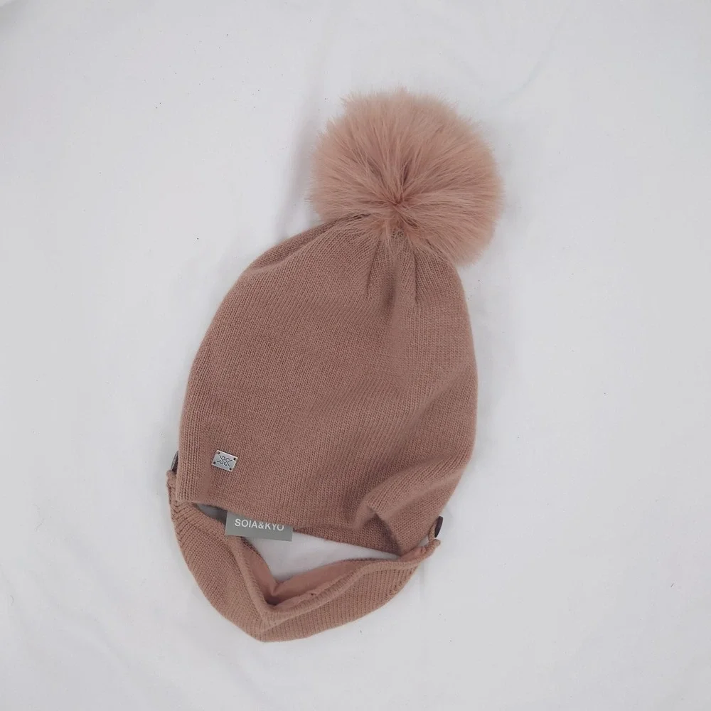 NWT Soia & Kyo Reva Knit Beanie & Mask Women Toffee Brown Wool Blend Pom Pom